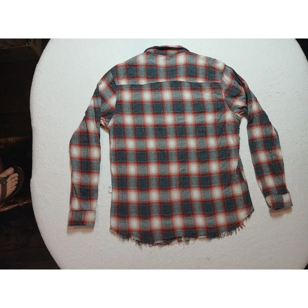 Young LA Men's XL Flannel Shirt Red Grey Plaid Distressed Raw Hem Snap Button